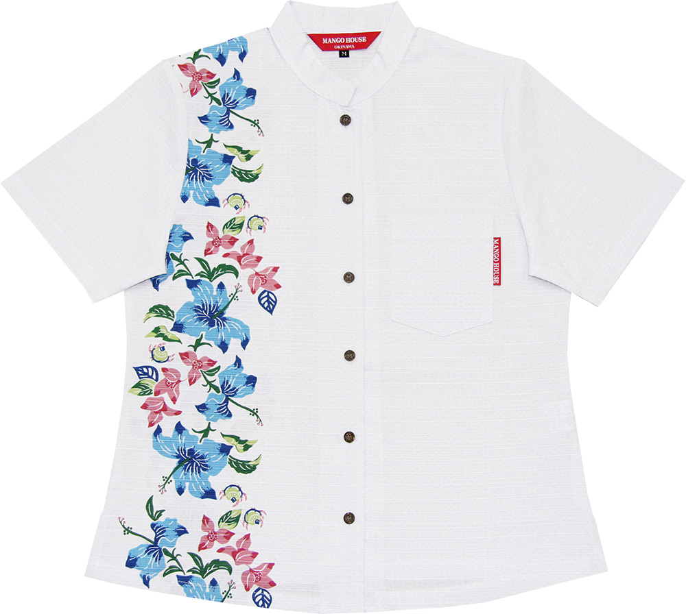 マンゴハウスのレディース商品紹介（ 紅型やどかりボーダー）マオカラータイプ。