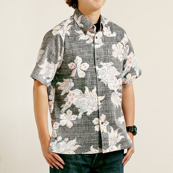 アロハシャツ－かりゆしウェア【シーサーペイズリー（スリムフィット/ボタンダウンシャツ）裏地仕様　メンズ】