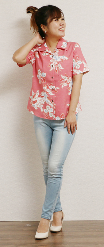 アロハシャツ－かりゆしウェア【シーサーペイズリー（開襟シャツ）　レディース】