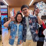 ブルー系のお揃いシーサー柄かりゆしウェアに着替えて沖縄エンジョイ！